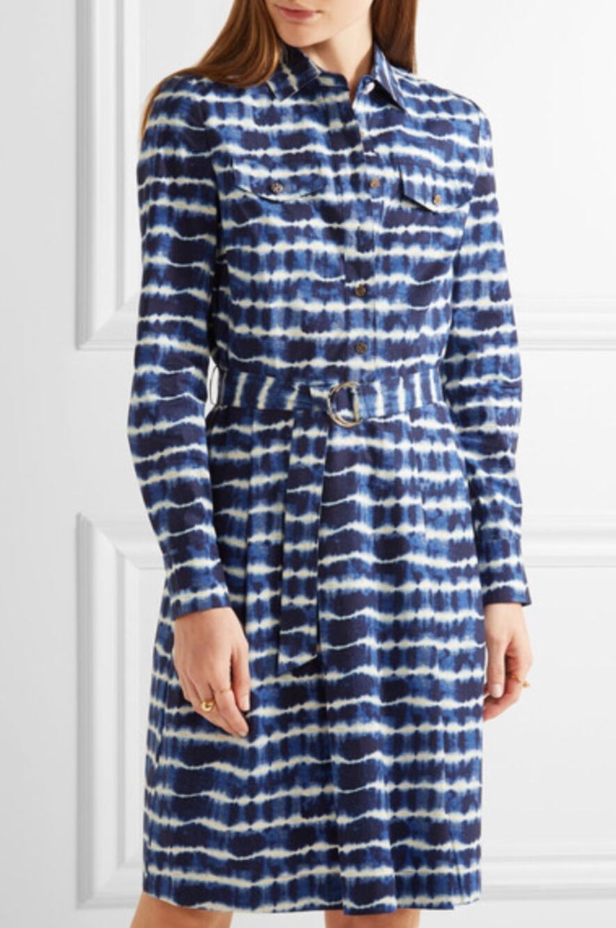Tory Burch Shirt Dress Womens 4 Navy Tie Dye Derrick Cotton Poplin Long Sleeve